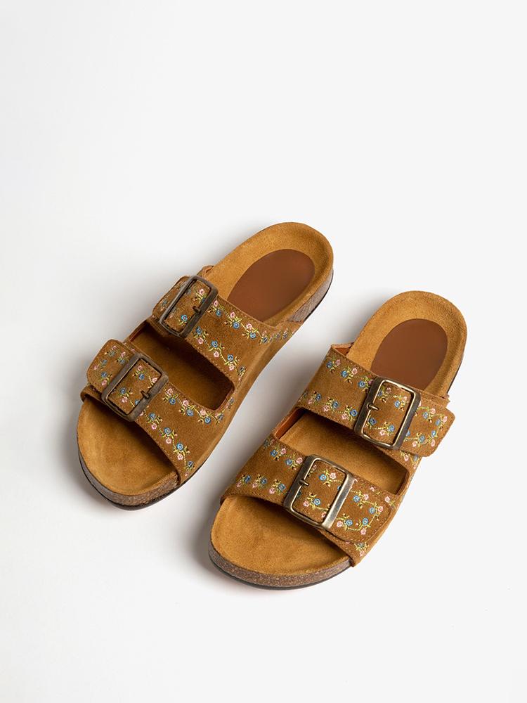 Brown Faux Suede Embroidery Two Bands Open-toe Flat Slippers With Metal Buckle