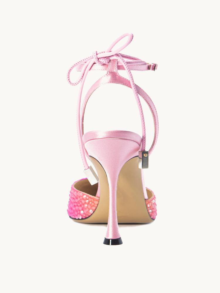 Ombre Pink Rhinestone Tie-Up Pumps With Pointed Toe Flared Heel Ankle Strap