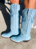 Powder Blue Inlay Lightning Knee High Boots Stitch Slip-On Round Cowgirl Heeled Boots