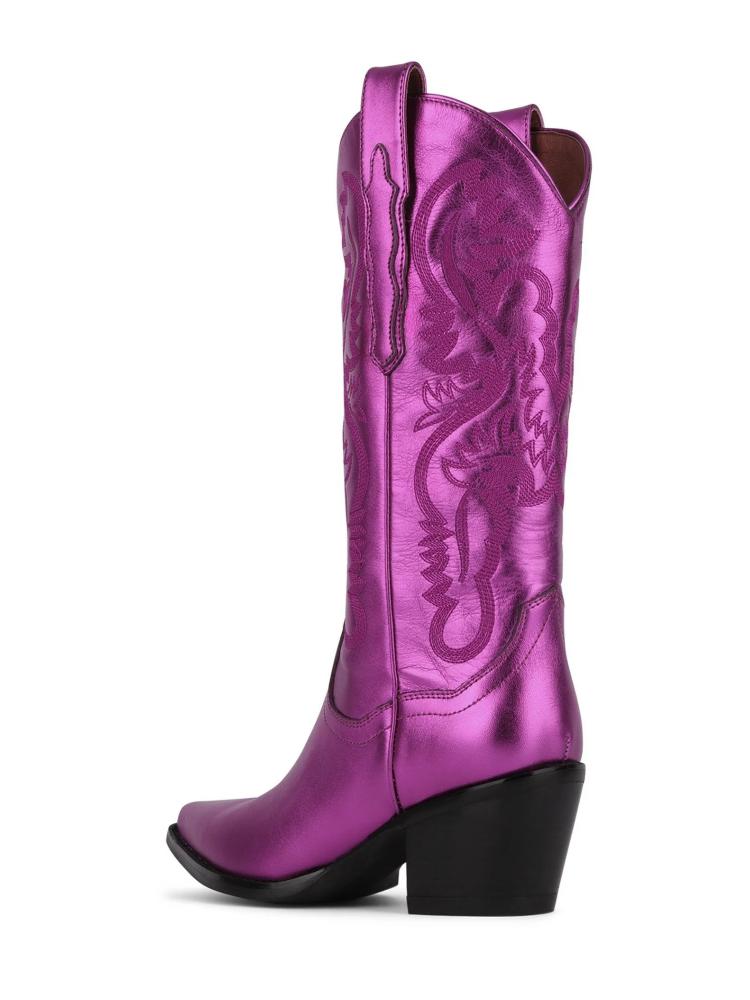 Classic Metallic Bright Embroidered Slip-On Mid Calf Pointed-Toe Chunky Heel Western Chelsea Boots