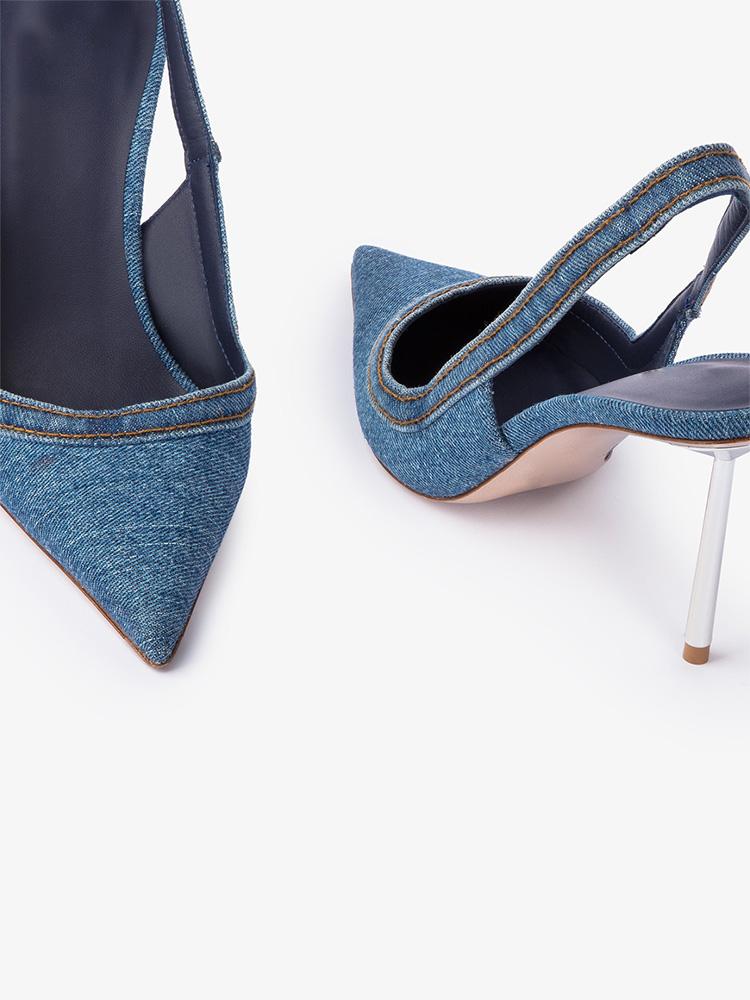 Denim Blue Pointy Slingback Pumps With Metallic Silver Stiletto Heel