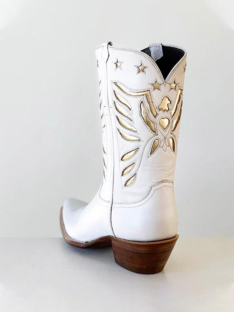 Gold Star Pattern Inlay Snip-toe Slip-on Women MId-Calf Western Boots