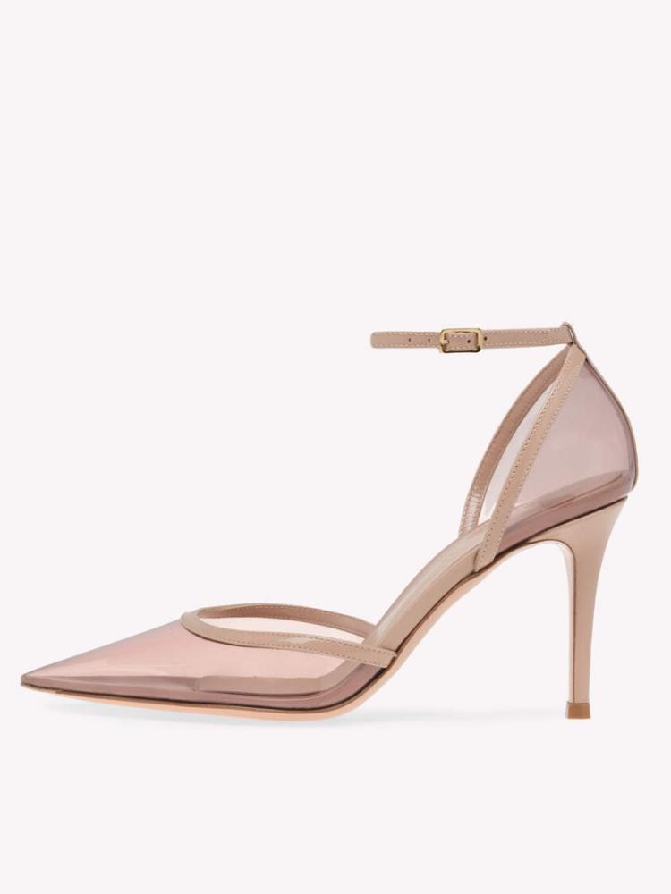 Nude Pink Clear Ankle Strap Buckle Pumps For Women