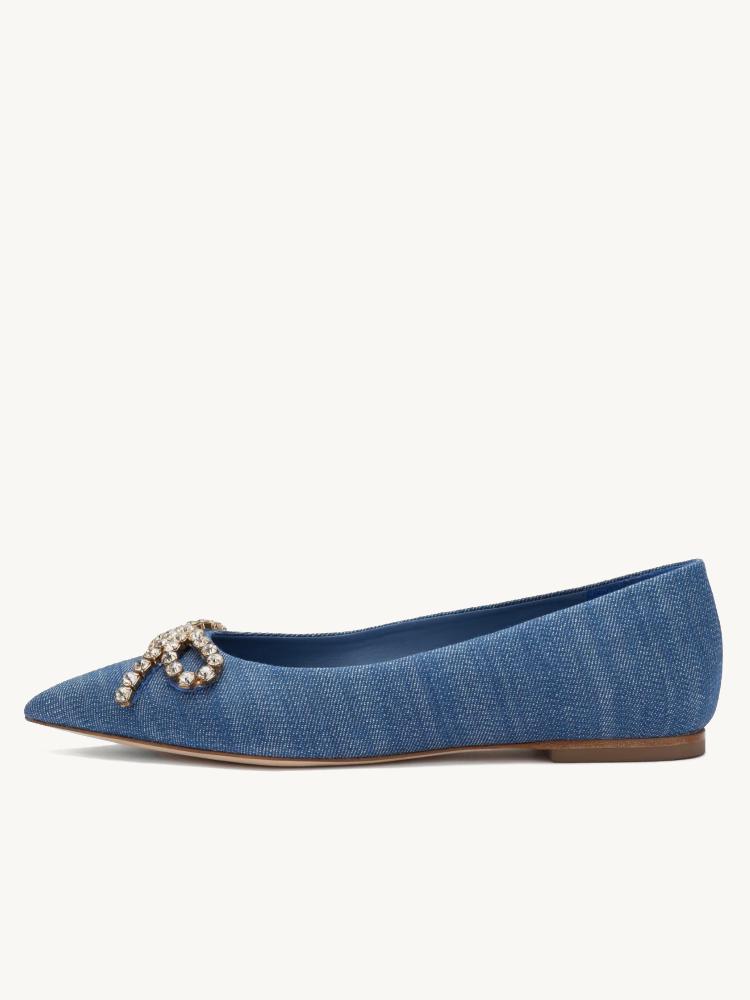 Blue Denim Rhinestone Bow Pointed Ballet Flats For Women