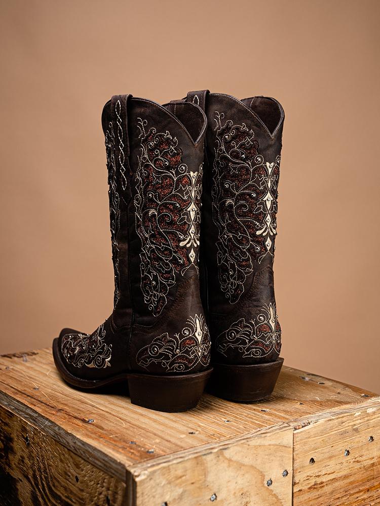 Filigree Cutout Embroidered Sparkling Inlay Stud Snip Wide Mid Calf Cowgirl Genuine Leather Boots