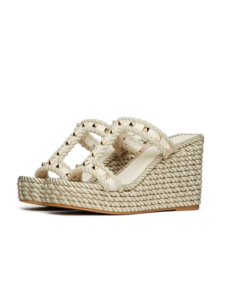 Ivory White H-Band With Rockstuds Open-toe Slip-on Espadrille Wedge Sandals