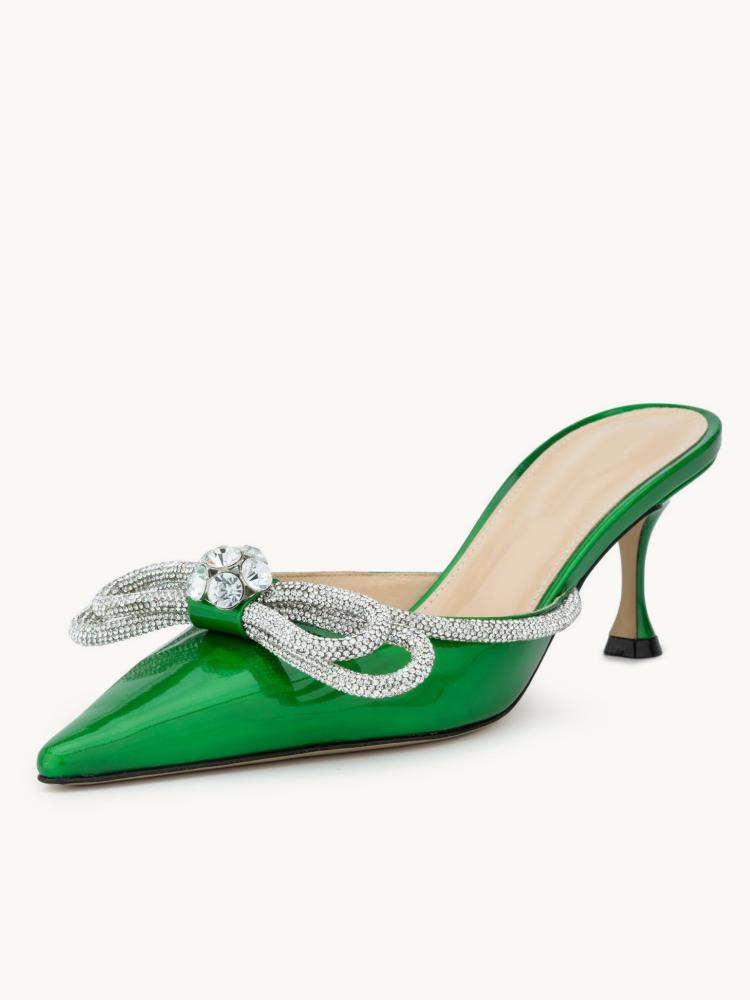 Metallic Green Rhinestone Double Bow Backless Pumps Pointed Toe Kitten Heel Mules