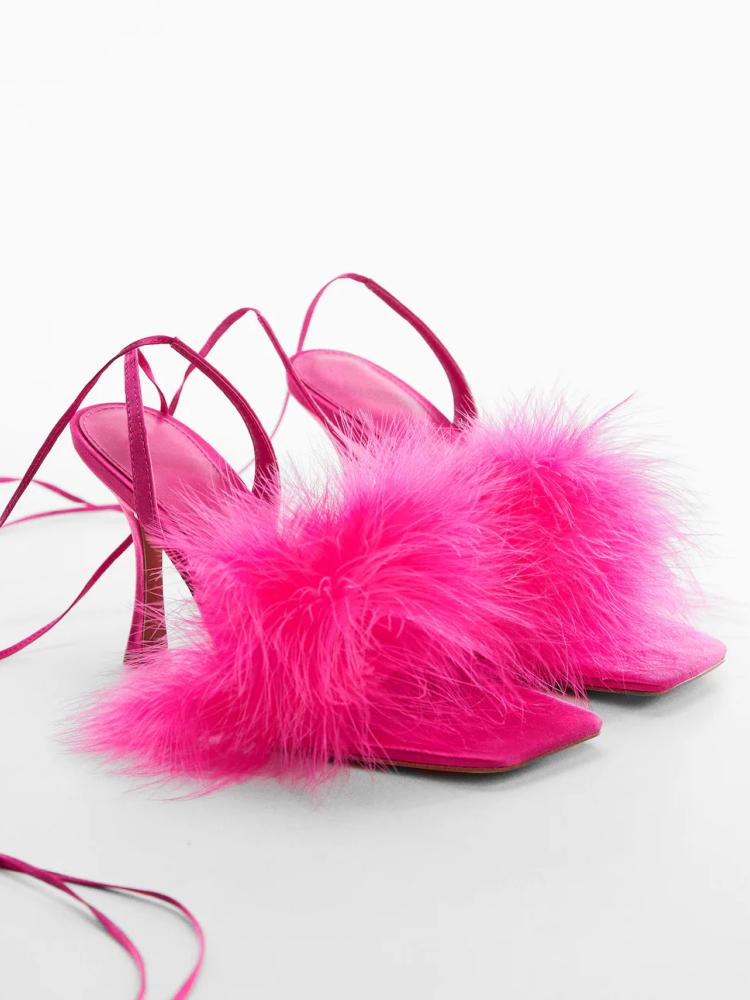 Pink Fluffy Feather Square Toe Flared Heeled Sandals Lace Up Gladiators