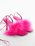 Pink Fluffy Feather Square Toe Flared Heeled Sandals Lace Up Gladiators