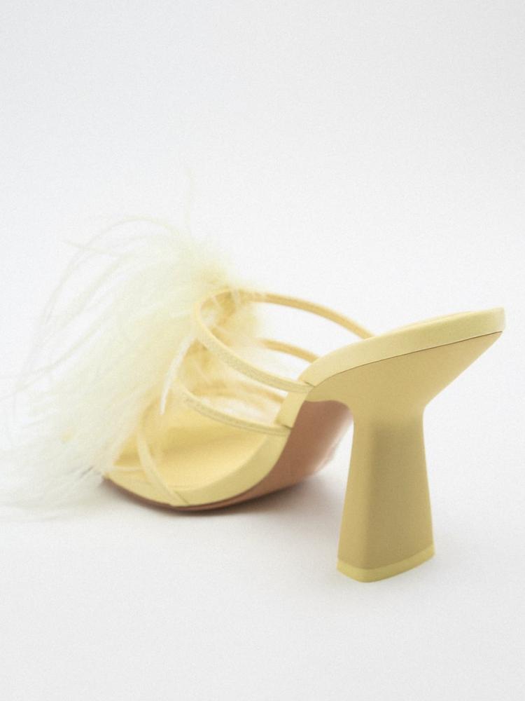 Fashion Feather Square Heel Square-Toe Sandals Mules Slippers