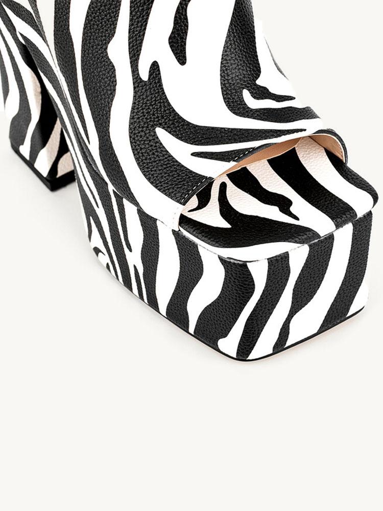 Black Zebra Stripe Backless Platform Block Heeled Sandals Open Square Toe Slip-On Heels