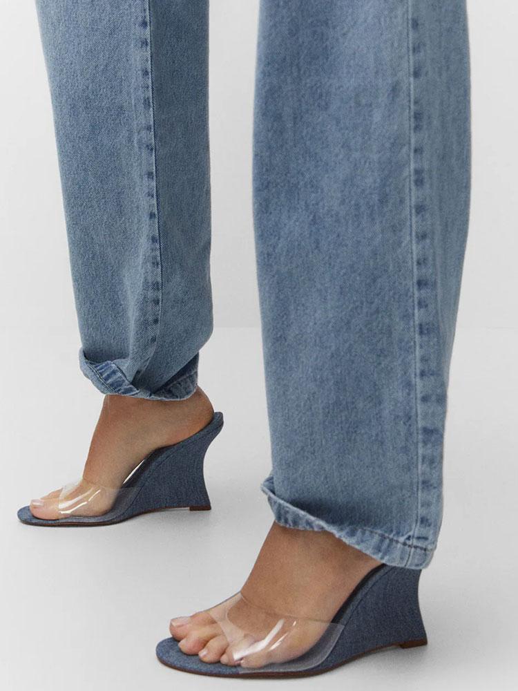 Denim Blue Clear Round Toe Wedge Heeled Backless Slip-On Sandals