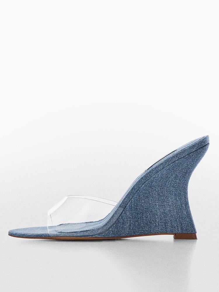 Denim Blue Clear Round Toe Wedge Heeled Backless Slip-On Sandals