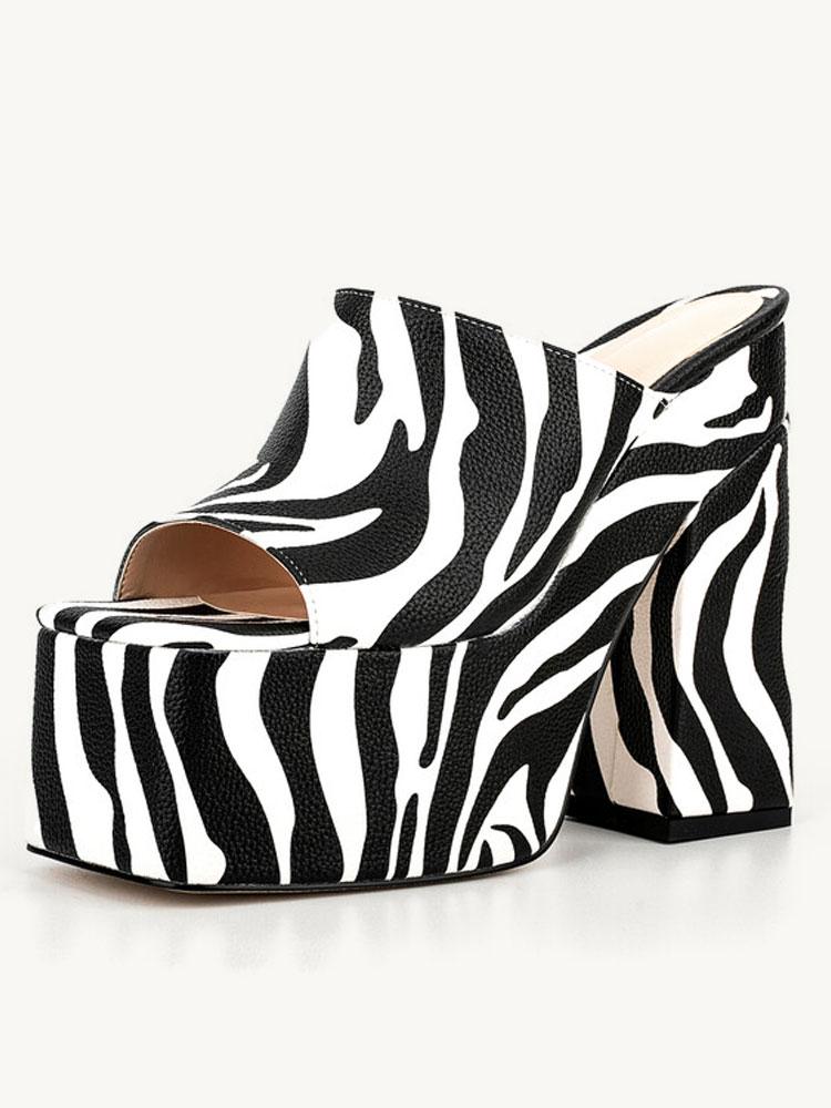 Black Zebra Stripe Backless Platform Block Heeled Sandals Open Square Toe Slip-On Heels