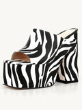 Black Zebra Stripe Backless Platform Block Heeled Sandals Open Square Toe Slip-On Heels