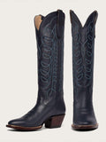 Embroidered Round Wide Mid Calf Western Boots - Navy Blue & Red