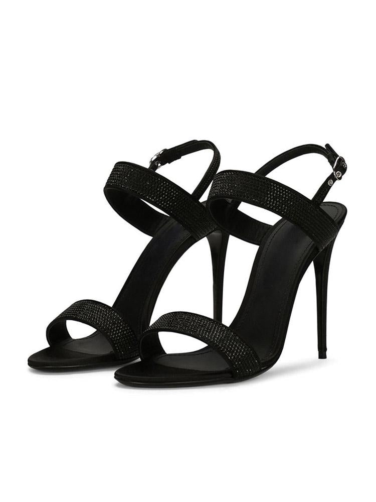 Black Vegan Leather Two Bands With Rhinestones Round-Toe Stiletto Heel Slingback Sandals With Buckle