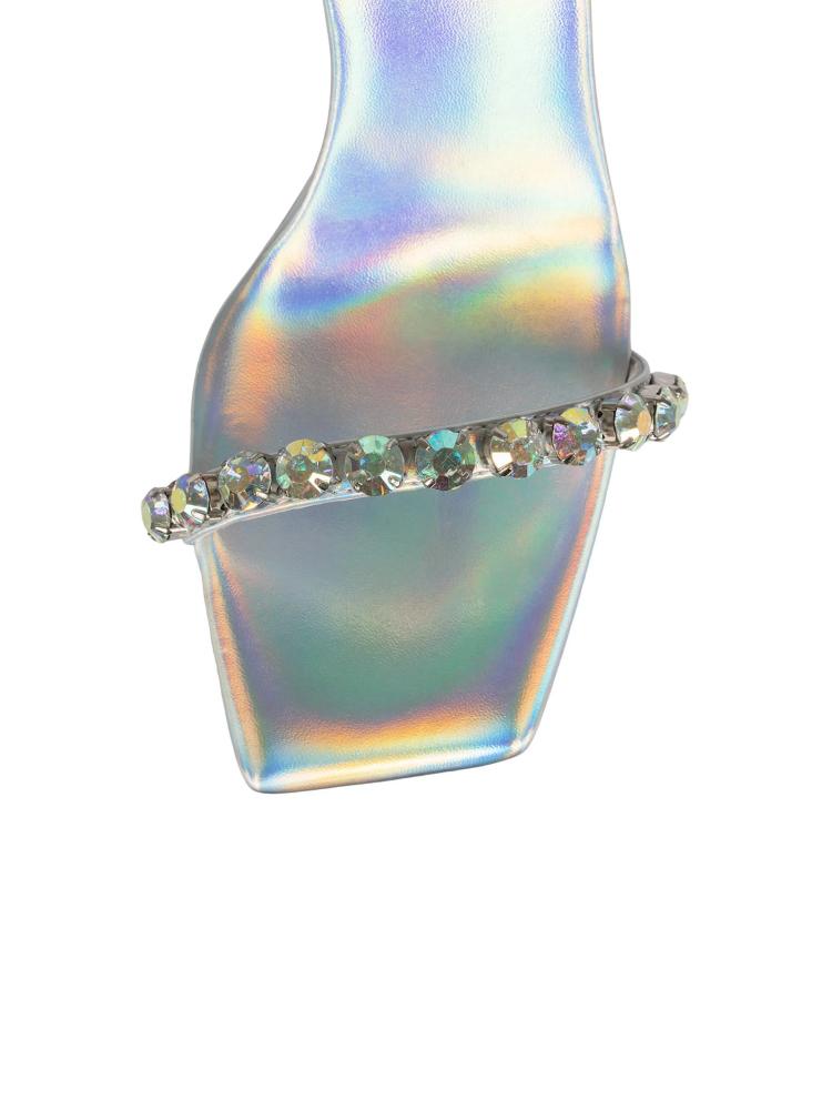 Iridescent Rhinestone Platform Chunky Heeled Sandals With Square Toe Ankle Strap Buckle