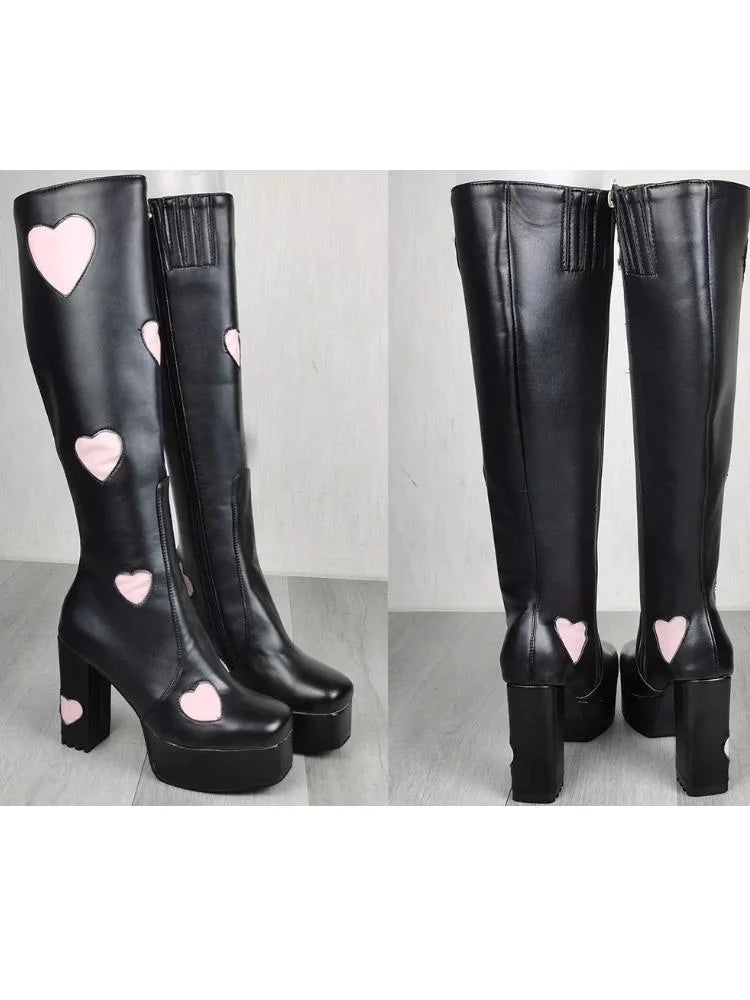 Pink Red Heart Square Toe Block Heel Gogo Platform Knee High Boots