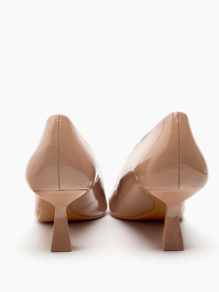 Beige Patent Pointy Kitten Flared Slip-On Pumps