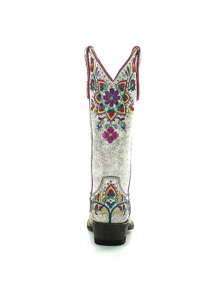 Color Floral Embroidered Retro Snip-toe Slip-on Mid-Calf Western Cowboy Boots