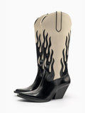 Contrast Flame Wide Mid Calf Boots Pointy Slanted Block Heeled Western Cowgirl Boots