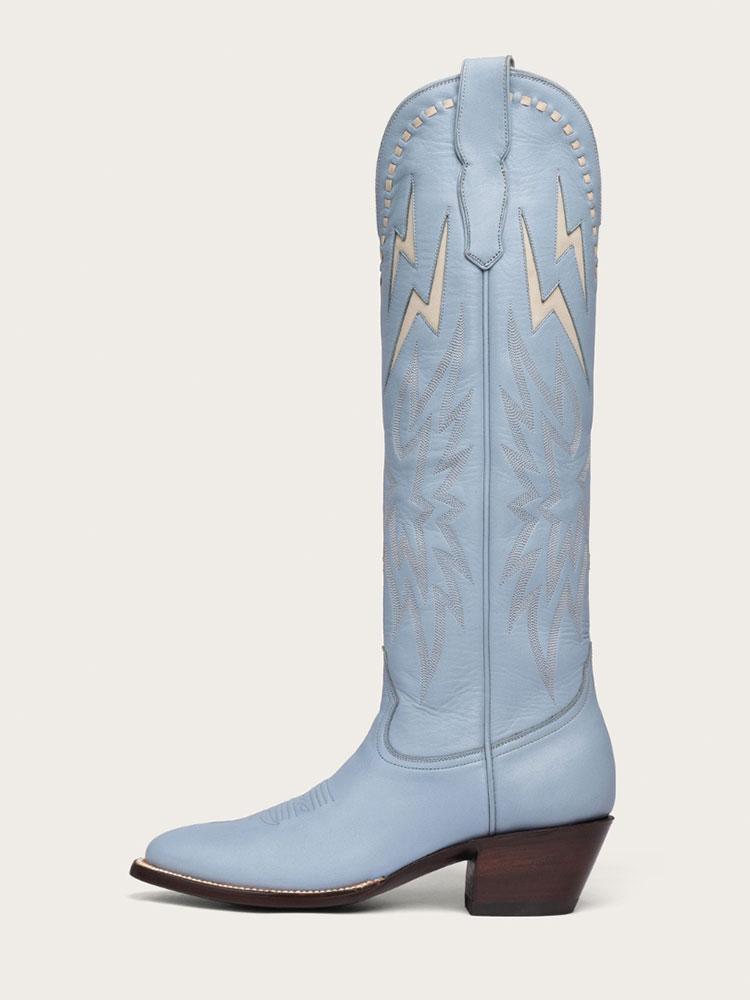 Light Blue Inlay White Lightning Knee High Boots Stitch Slip-On Round Cowgirl Heeled Boots