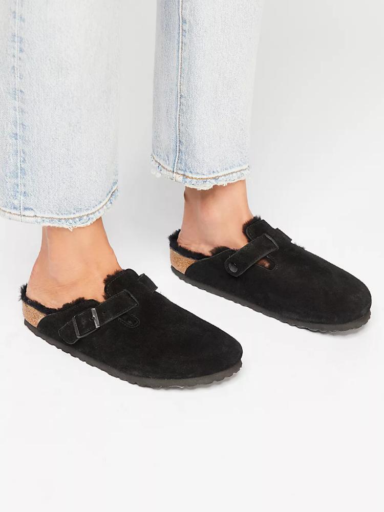 Faux Suede Buckle Fluffy Flat Mules Faux Shearling Lined Open-Back Comfy Cork Clogs