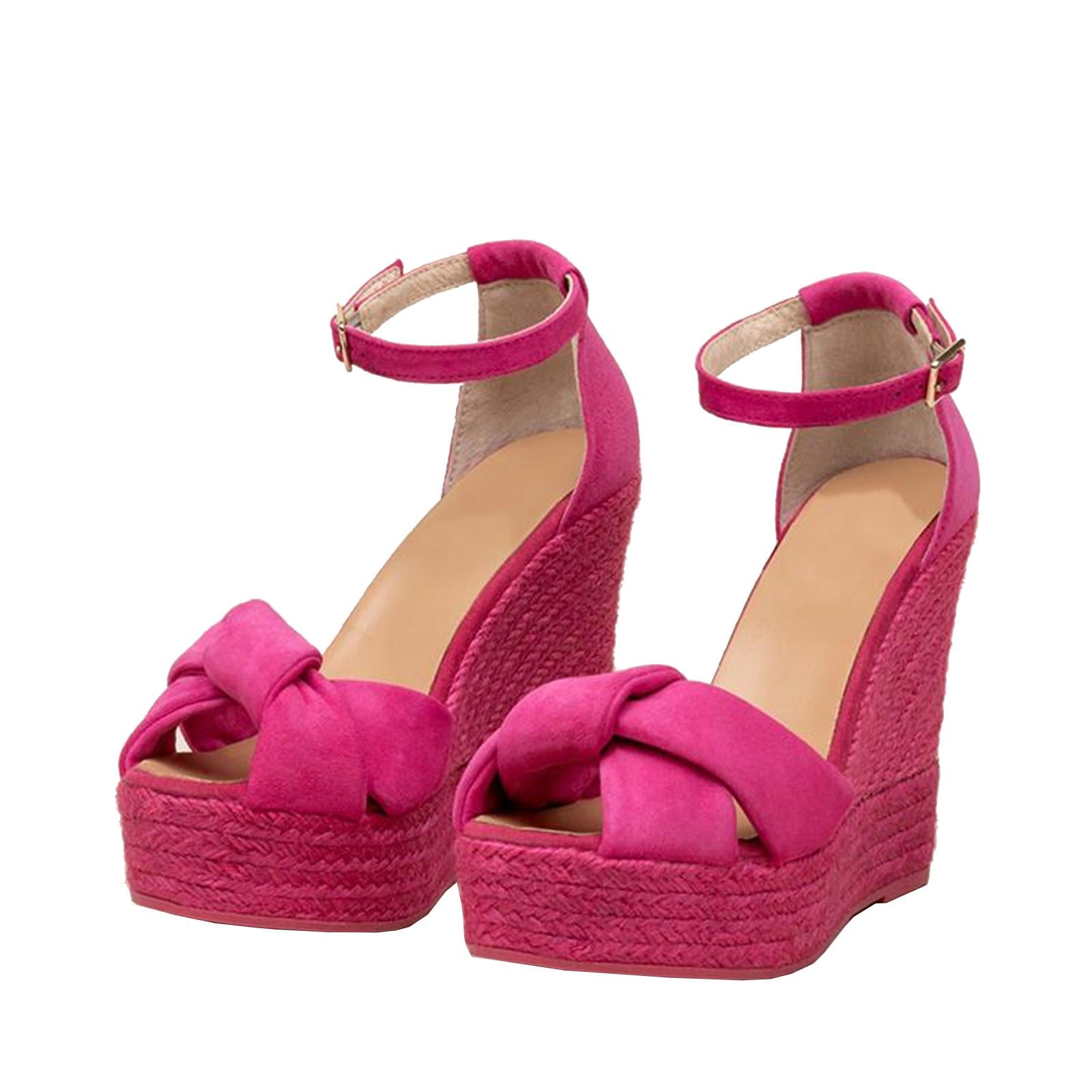 Faux Suede Knot Buckle Ankle Strap Round Raffia Platform Wedge Espadrilles Sandals