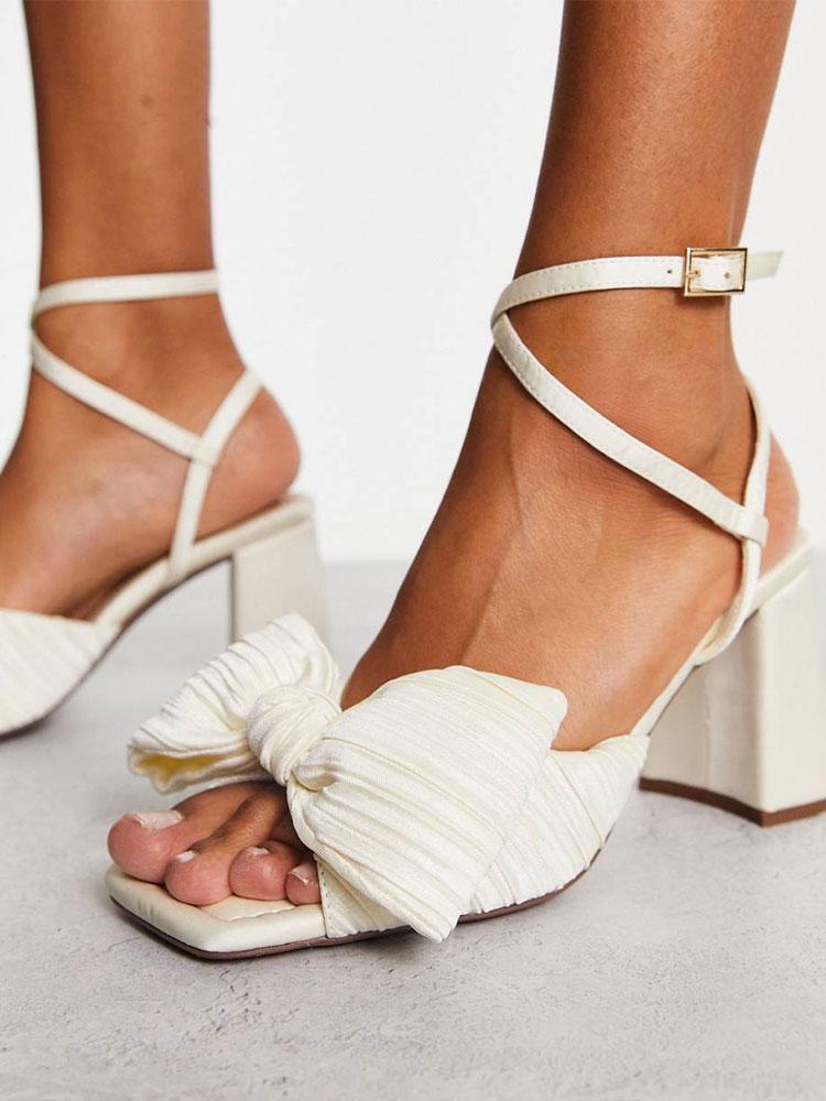 Metallic Pleated Bow Square Toe Chunky Heeled Sandals With Buckle Ankle Wrap Strap