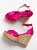 Rose Red Satin Cross Bands Open-toe Buckle Ankle Strap Espadrille Wedge Sandals