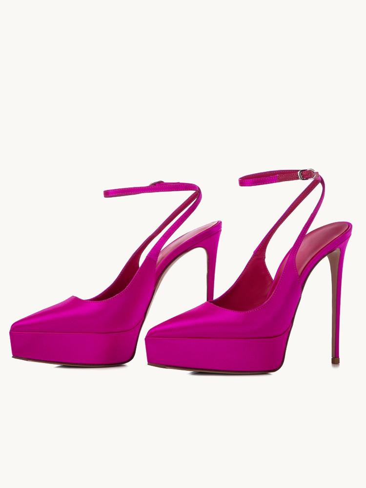 Hot Pink Silk Pointy Platform Stiletto Heeled Pumps With Slingback Ankle Strap