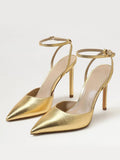 Metallic Gold Buckle Ankle Strap Pointy Stiletto Heeled Pumps