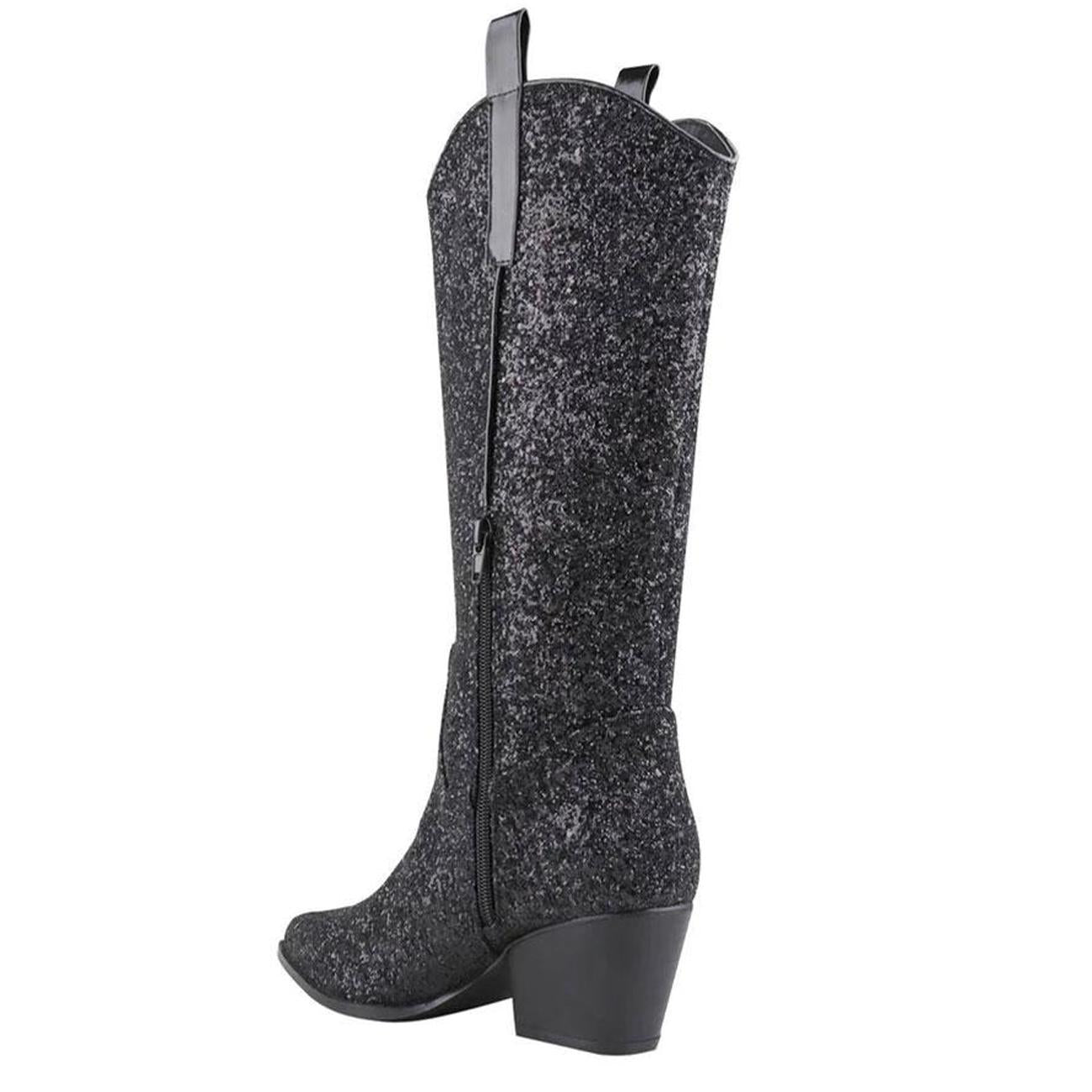 Glitter Zipper Pointy Mid Calf Cowgirl Boots In Gold Silver Black