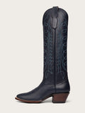 Embroidered Round Wide Mid Calf Western Boots - Navy Blue & Red