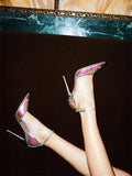 Clear Iridescent Buckle Ankle Strap Pointy Stiletto Pumps