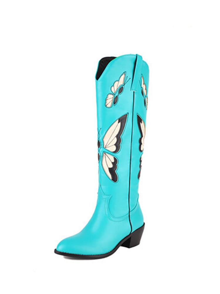 Butterfly Embroidery Pointed-toe Chunky Heels Wide Slip-on Knee High Cowgirl Boots