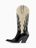 Contrast Flame Wide Mid Calf Boots Pointy Slanted Block Heeled Western Cowgirl Boots