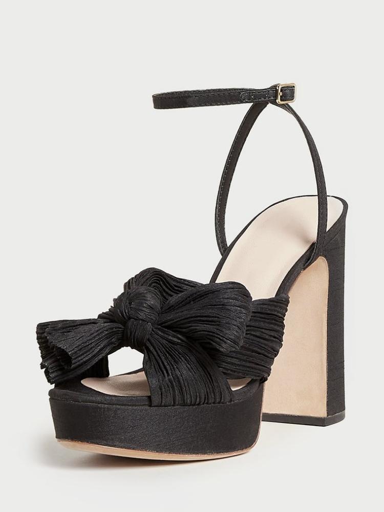 Black Green Pleated Bow Heels For Wide Feet  Block Heel Platform Sandals