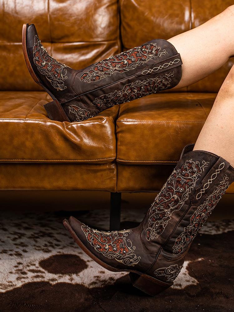 Filigree Cutout Embroidered Sparkling Inlay Stud Snip Wide Mid Calf Cowgirl Genuine Leather Boots