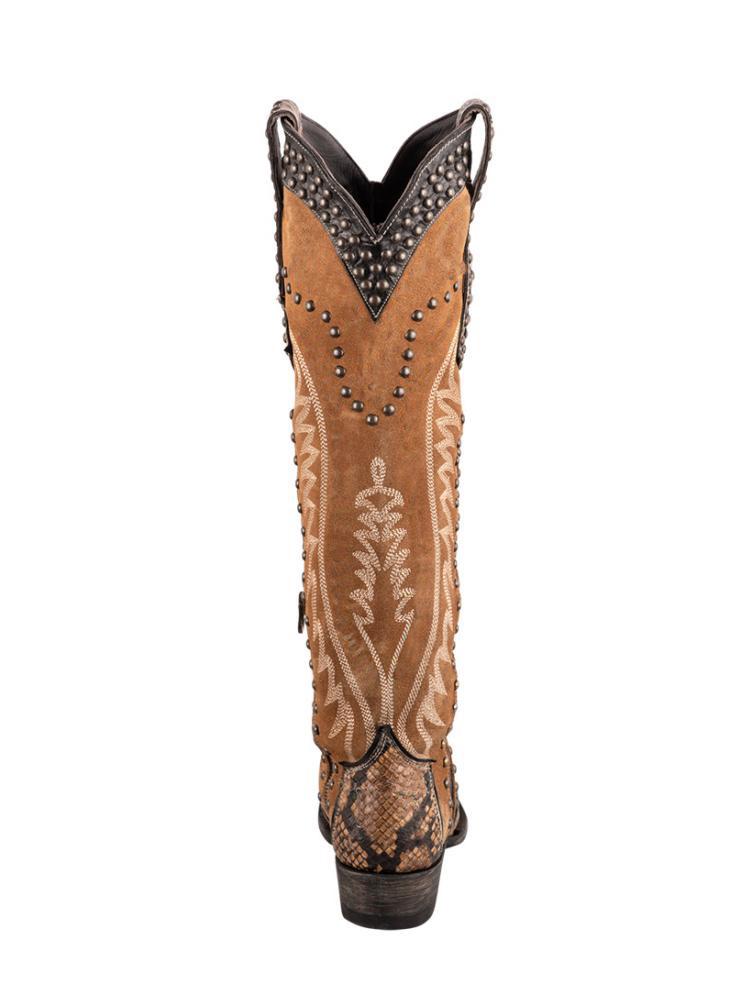 Contrast Tawny Black Snakeskin Faux Suede Stud Stitch Knee High Cowgirl Boots With Zip Snip Toe