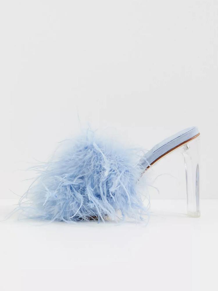 Fluffy Feather Round Toe Backless Slip-On Clear Heeled Sandals In Tan Blue Orange