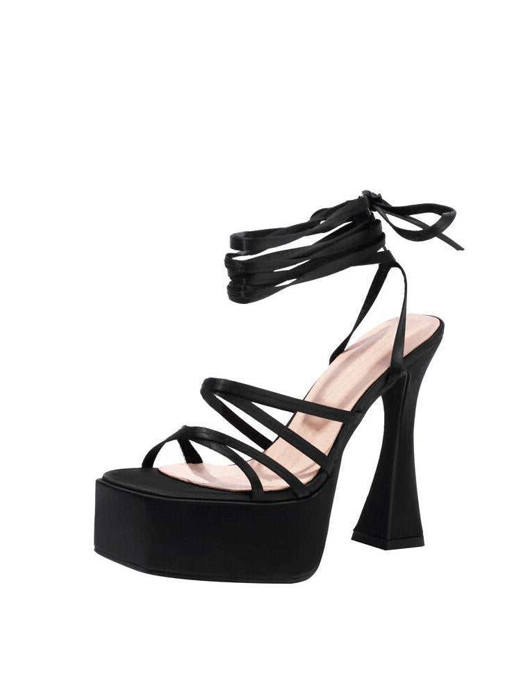 Zebra-stripe Multi-strap Square-toe Flared Heel Platform Sandals With Self-tie