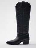 Black Embroidered Wide Calf Knee High Cowgirl Boots Block Heeled Western Tall Boots