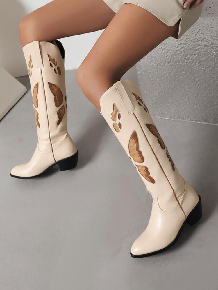 Butterfly Embroidery Pointed-toe Chunky Heels Wide Slip-on Knee High Cowgirl Boots