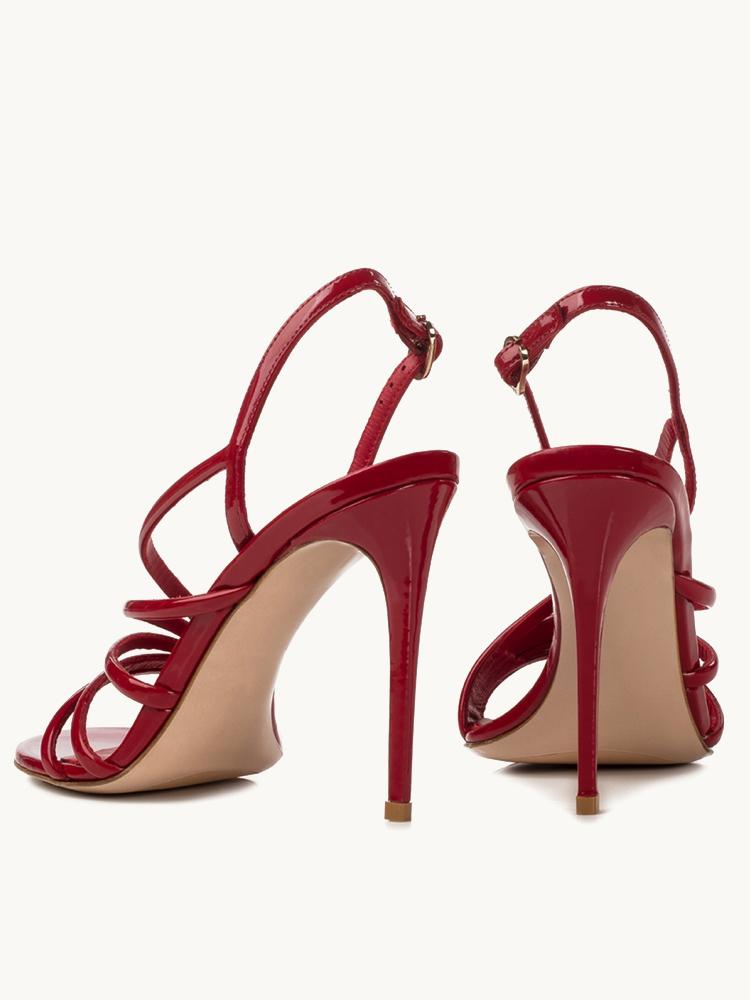 Red Patent Strap Round Toe Stiletto Heeled Slingback Sandals For Women