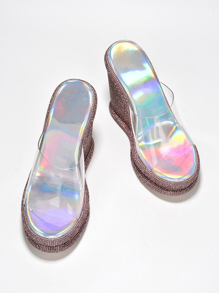 Sparkly Rhinestone Round Platform Wedge Heel Backless Slip-On Sandals With Clear Single Band