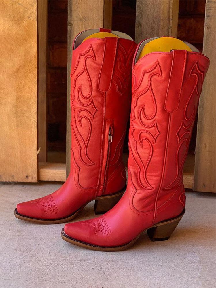 Embroidered Snip Toe Mid-Calf Western Boots