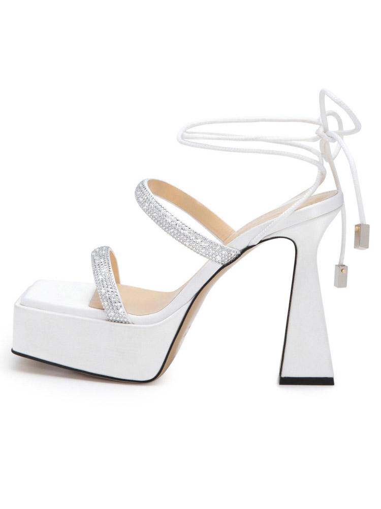 Rhinestone Square-toe Two Bands Chunky High Heel Fashion Platform Sandals With Self-tie