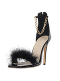 Fluffy Single Band Square-toe Zip Stiletto Heel Sandals With Metal Chains